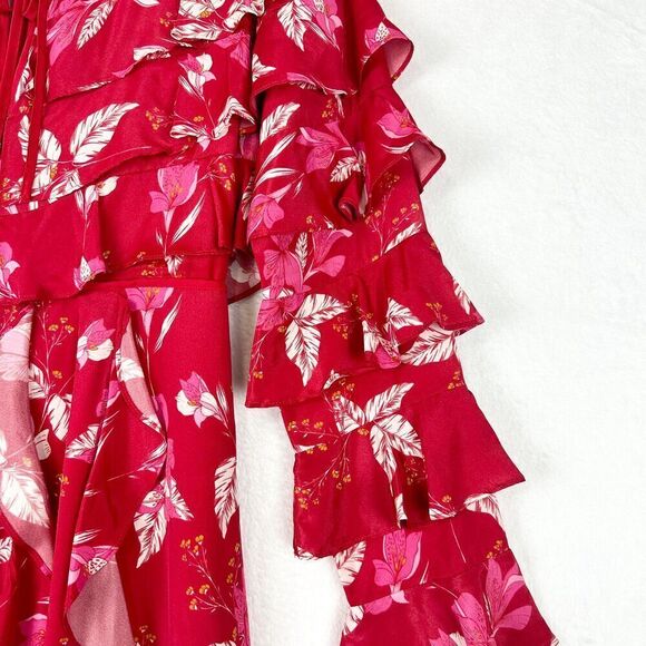 La Maison Talulah Silk Blend Long Sleeve Floral Ruffle Mini Dress Size Small Red - Picture 8 of 10